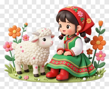 Girl Sitting With A Sheep In A Flower Garden PNG