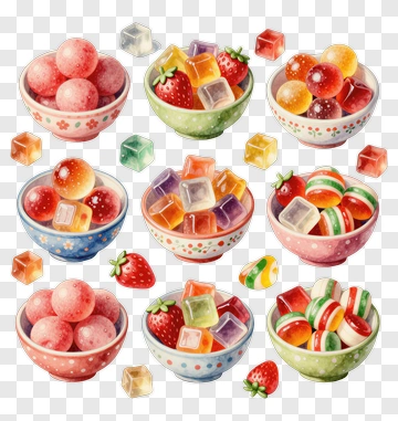 Colorful Candy Bowls With Jelly And Strawberry Treats PNG
