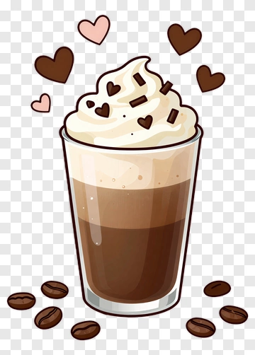 Cartoon Coffee Drink With Whipped Cream And Hearts PNG