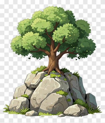Cartoon Tree On A Rock PNG