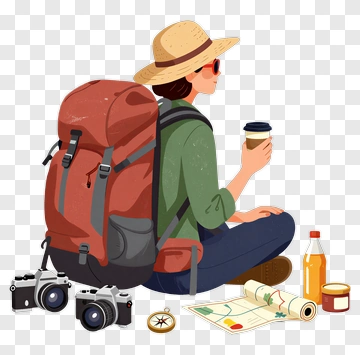 Traveler Sitting With Backpack And Camera PNG