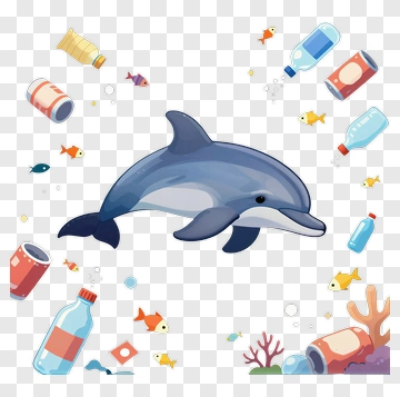 Cartoon Dolphin Surrounded By Ocean Pollution PNG