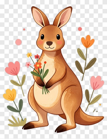 Cartoon Kangaroo Holding Flowers PNG