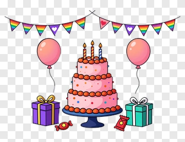 Birthday Cake With Balloons And Presents PNG