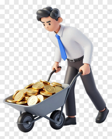 3D Businessman Pushing A Wheelbarrow Of Coins PNG