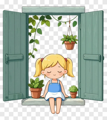 Girl Sitting By A Window With Plants PNG