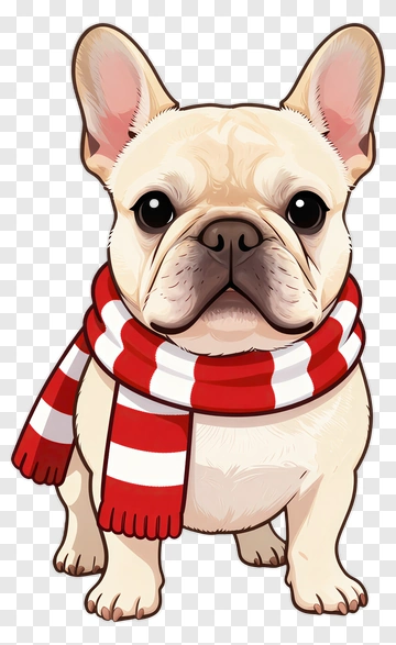 Cartoon French Bulldog Wearing A Red And White Scarf PNG