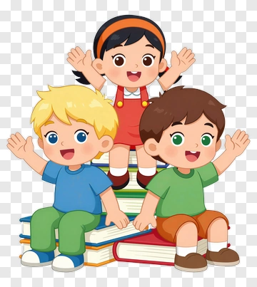 Happy Children Playing On A Stack Of Books PNG