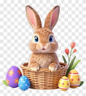 Cartoon Bunny In An Easter Basket With Colorful Eggs PNG
