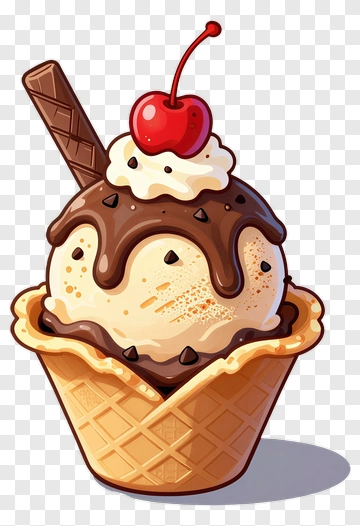 Cartoon Ice Cream Cone With Cherry And Chocolate Sauce PNG