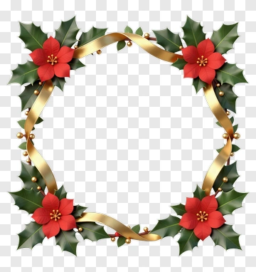 Christmas Floral Wreath With Red Flowers And Gold Ribbon PNG