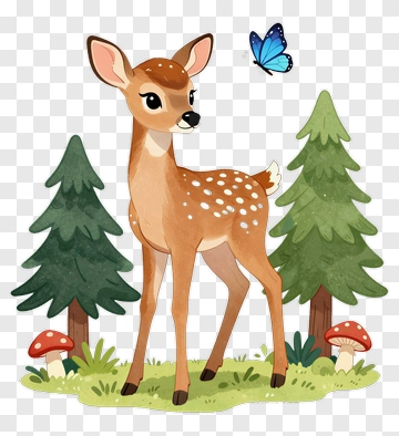 Cartoon Deer In A Forest With A Butterfly PNG