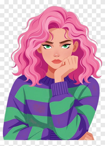 Cartoon Woman With Pink Hair And Striped Sweater PNG