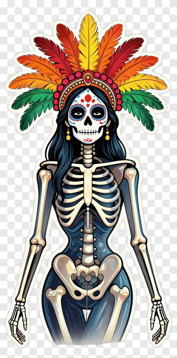 Colorful Skeleton Woman With Feather Headdress PNG