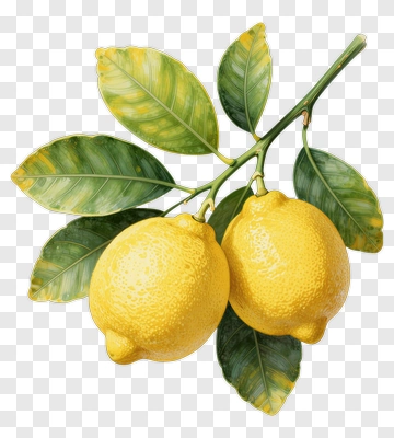 Lemon Branch With Two Lemons And Green Leaves PNG