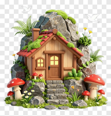 3D Cottage Surrounded By Mushrooms And Rocks PNG