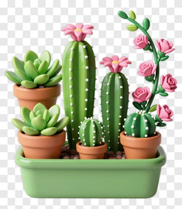 Colorful Cactus Arrangement In Planters PNG