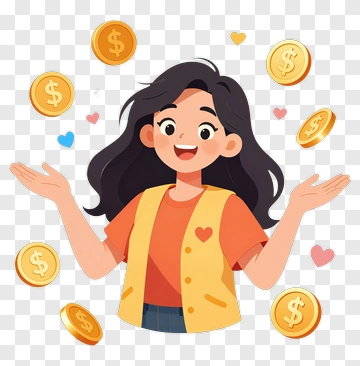Cartoon Girl Surrounded By Money Coins PNG