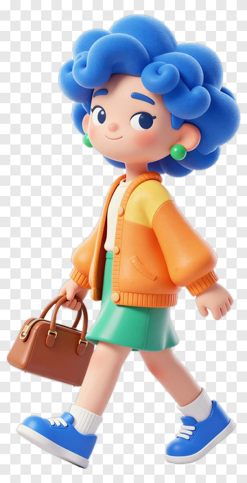 Cartoon Girl Walking With A Brown Handbag PNG