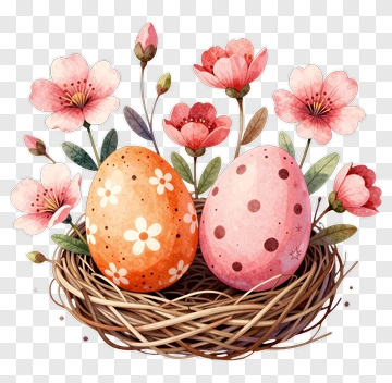 Easter Eggs In A Nest With Flowers PNG