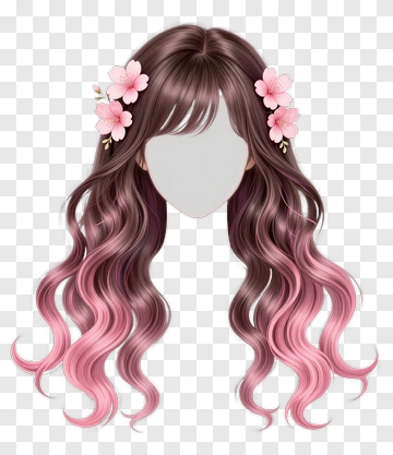 Long Wavy Hair With Pink Ombre And Flowers PNG