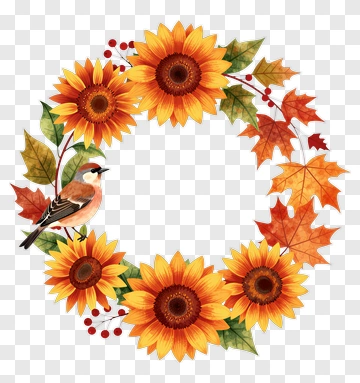 Sunflower Wreath With Bird And Autumn Leaves PNG