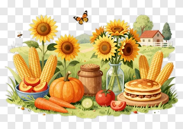 Harvest Scene With Sunflowers And Fresh Produce PNG
