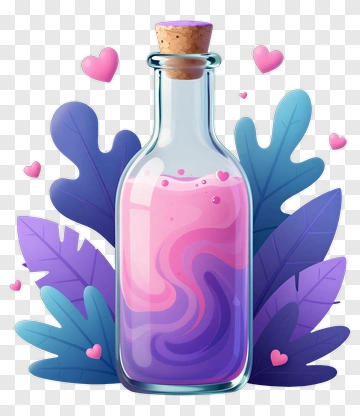 Colorful Potion Bottle With Leaves And Hearts PNG