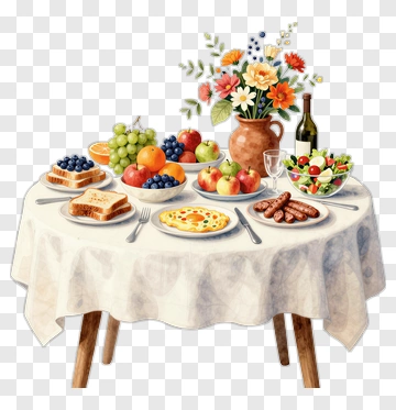 Breakfast Table With Fruits And Flowers PNG