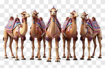 Group Of Cartoon Camels With Colorful Saddles PNG
