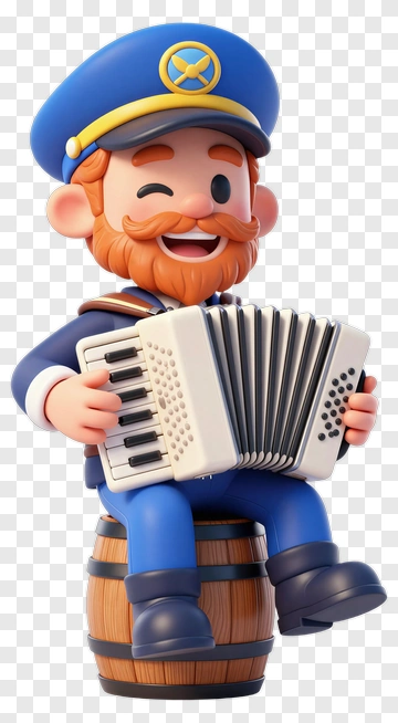 3D Captain Playing Accordion On A Barrel PNG