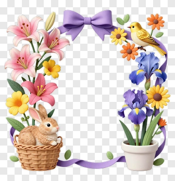 Colorful Floral Frame With Rabbit And Bird PNG