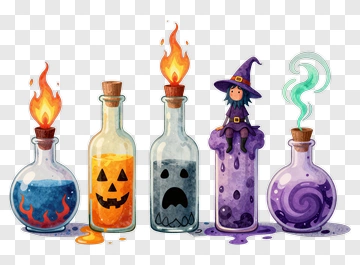 Halloween Potion Bottles With Witch PNG