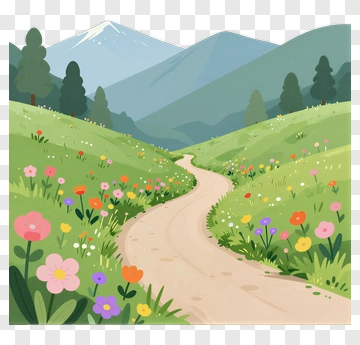 Scenic Landscape With Flowering Pathway PNG
