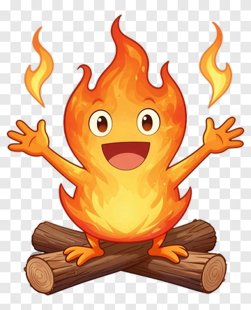 Cartoon Flame Character Sitting On Logs PNG