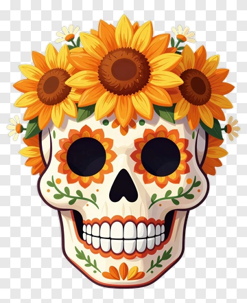 Colorful Skull Decorated With Sunflowers PNG