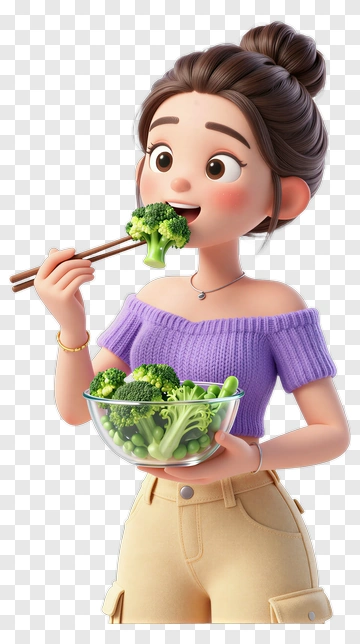 Woman Eating Broccoli With Chopsticks PNG