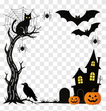 Halloween Scene With Black Cat, Bats, And Pumpkins PNG