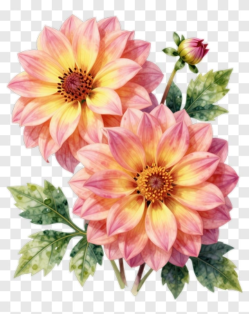 Pink Dahlia Flowers With Green Leaves PNG