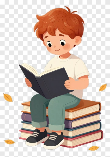 Cartoon Boy Reading A Book On A Stack Of Books PNG