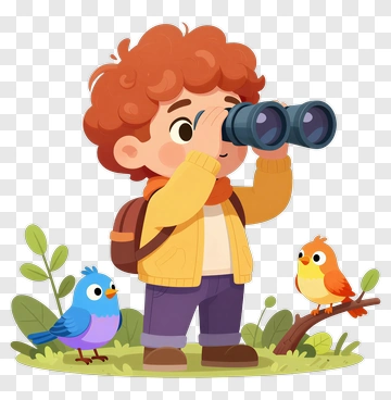 Cartoon Boy Using Binoculars To Observe Birds PNG