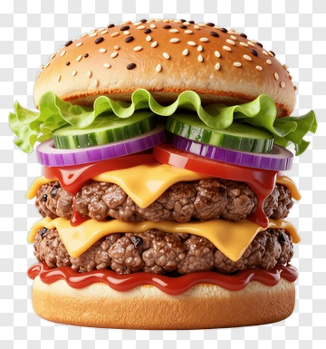 Delicious Hamburger With Layers Of Cheese And Fresh Vegetables PNG