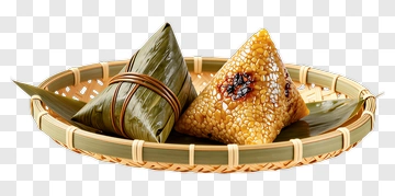 Traditional Sticky Rice Dumplings On A Bamboo Plate PNG