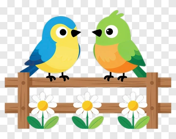 Cartoon Birds Sitting On A Fence With Flowers PNG