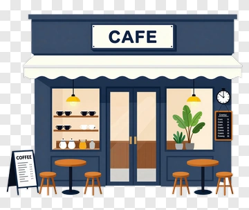 Cafe Exterior With Coffee Menu And Plants PNG