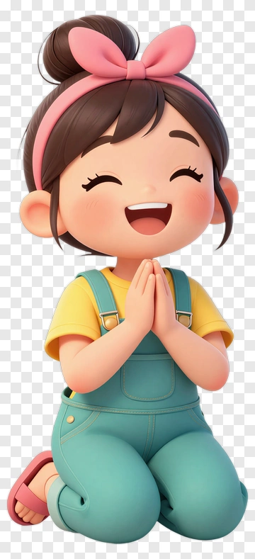 Happy Cartoon Girl Kneeling With Hands Together PNG