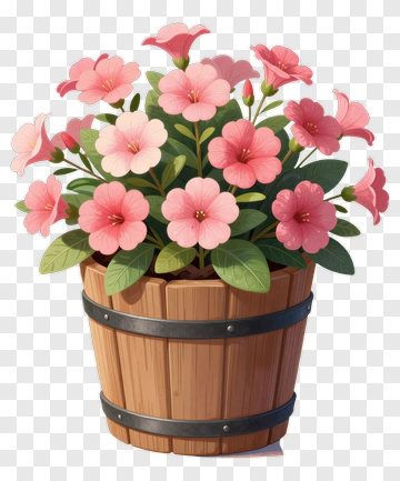 Colorful Flower Bouquet In Wooden Pot PNG
