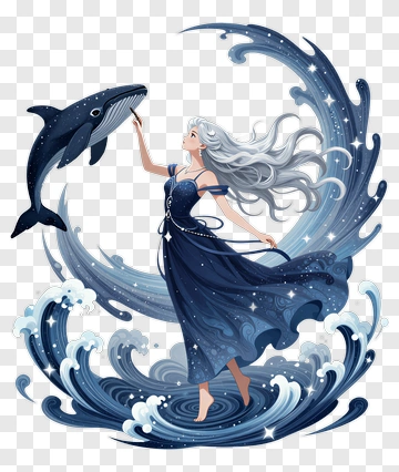 Woman Interacting With A Whale In Ocean Waves PNG