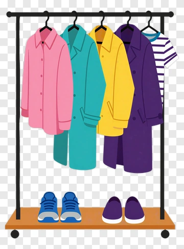 Colorful Clothing Rack With Shirts And Shoes PNG