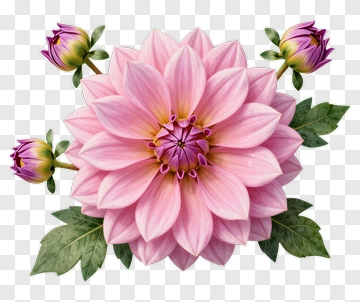 Pink Dahlia Flower With Buds And Green Leaves PNG